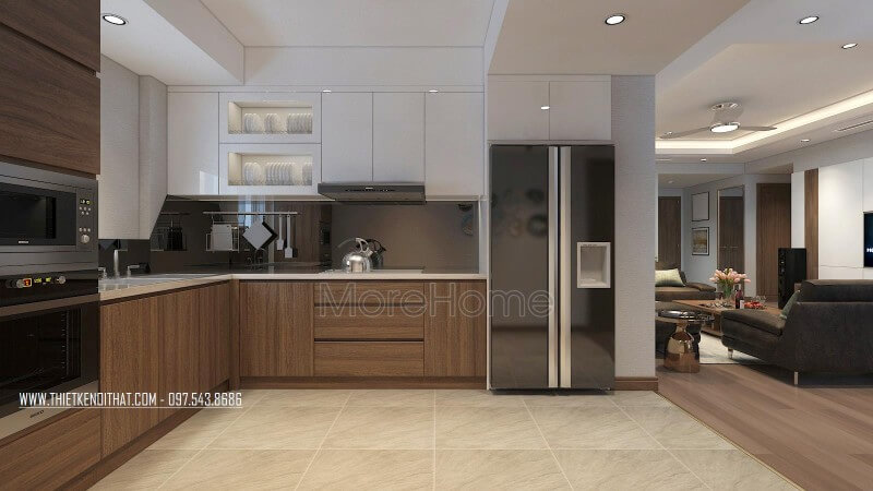 Thiết kế tủ bếp hiện đại chữ L, có đầy đủ thiết bị rất hữu dụng trong khu bếp mang đến không gian bếp đa năng Thiết kế nhà bếp tiện nghi