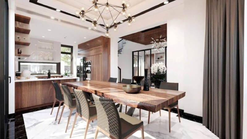 Mẫu tủ bếp hình chữ U với thiết kế bàn đảo liền mạch sẽ là một gợi ý tuyệt vời cho không gian bếp vuông vắn mà không cần bỏ ra quá nhiều diện tích. Thiết kế tủ bếp biệt thự sang trọng