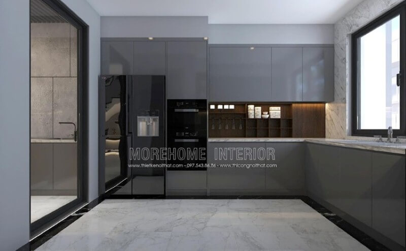 Mẫu tủ bếp gỗ công nghiệp acrylic màu xám đẹp mắt trong bố trí nội thất phòng bếp hiện đại sẽ là lựa chọn khá phù hợp với các không gian như chung cư, biệt thự, nhà phố. Thiết kế tủ bếp biệt thự sang trọng