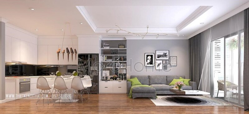 Tủ bếp chữ L được thiết kế hợp lí với phần bếp nấu và khu vực xơ chế rửa thực phẩm, thuận tiện hơn trong quá trình nấu nướng, dọn dẹp Mẫu tủ bếp chung cư acrylic