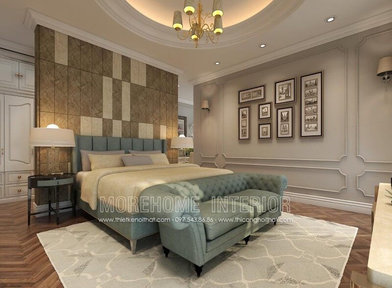 Gợi ý mẫu giường ngủ 2 người bọc nỉ màu xanh kết hợp sofa cho nhà biệt thự