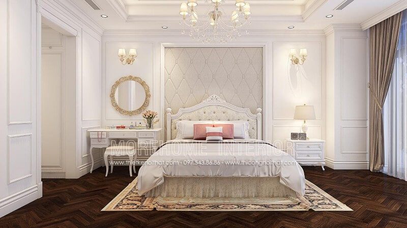Trang trí nội thất giường ngủ tân cổ điển với gam màu trắng tinh tế cho biệt thự cao cấp