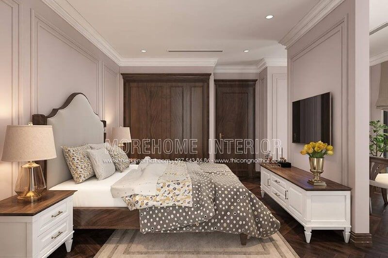 Thiết kế nội thất giường ngủ đẹp gỗ óc chó tại biệt thự Hà Nội phong cách tân cổ điển