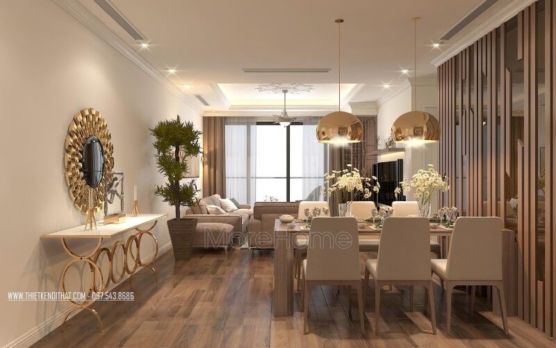 Không gian phòng ăn với mẫu bàn ăn gỗ công nghiệp hiện đại, sang trọng, bộ bàn ăn 6 ghế đã mang đến không gian ăn uống ấm cúng, tiện nghi.