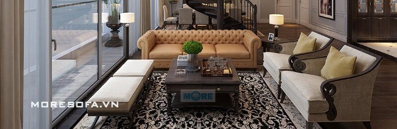 Sofa Tân cổ điển MS-024 khung gỗ tự nhiên, bọc da thật nhập khẩu cao cấp sang trọng, thu hút sự chú ý của mọi người cho phòng khách chung cư, biệt thự, nhà phố