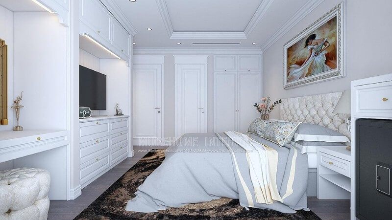 Phòng ngủ tân cổ điển với gam màu trắng tinh khiết mang đến một không gian ngủ thật thông thoáng và sang chảnh