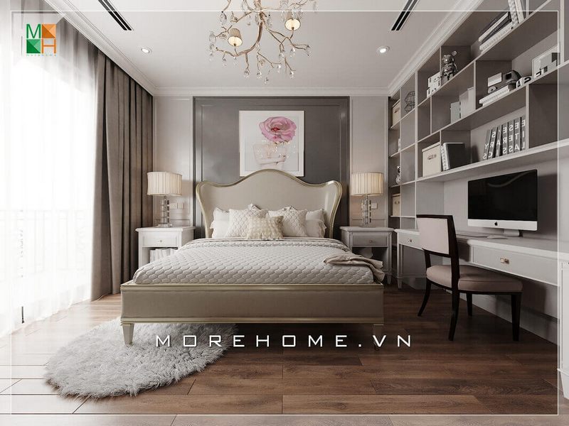 Thiết kế phòng ngủ chung cư, nhà phố, biệt thự thiết kế tân cổ điển ấn tượng với những đường nét nhấn nhá uốn lượn của chiếc giường tạo nên một không gian phòng ngủ vừa hiện đại vừa sang trọng.