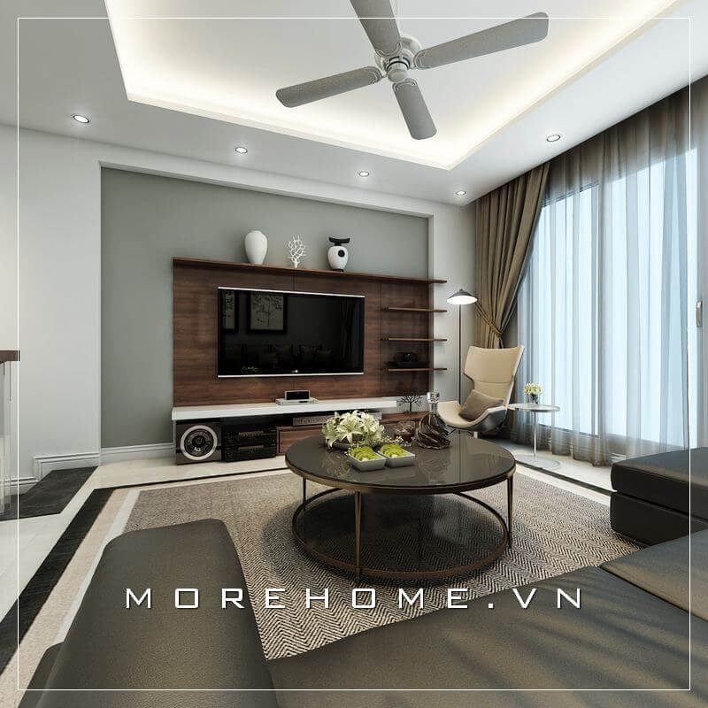 Kệ tivi gỗ công nghiệp hiện đại, tối giản vừa vặn với thiết kế ốp tường kết hợp trang trí tạo cảm giác tiện nghi và tinh tế cho không gian phòng khách 