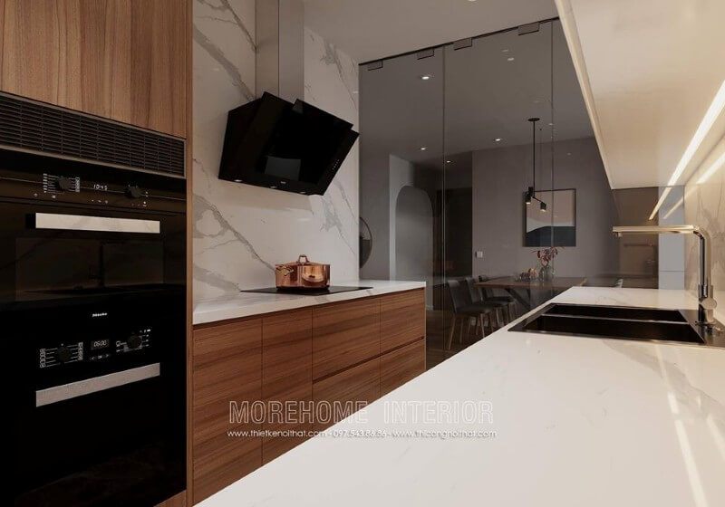 Bề mặt liên kết hoàn hảo của đá ốp bếp nhân tạo sẽ giúp tạo nên không gian bếp đẹp.